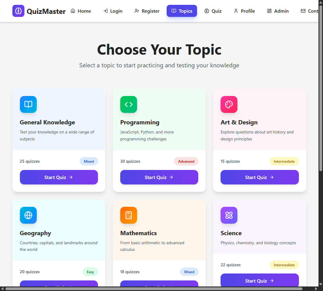 QuizMaster topics page